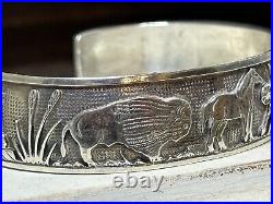 Native American Sterling Silver Story Cuff Bracelet Navajo Teepee Buffalo Horse