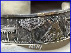 Native American Sterling Silver Story Cuff Bracelet Navajo Teepee Buffalo Horse