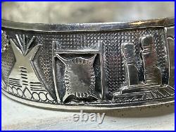 Native American Sterling Silver Story Cuff Bracelet Navajo Teepee Buffalo Horse