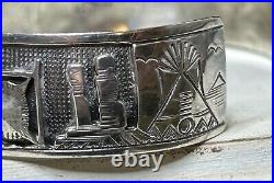 Native American Sterling Silver Story Cuff Bracelet Navajo Teepee Buffalo Horse