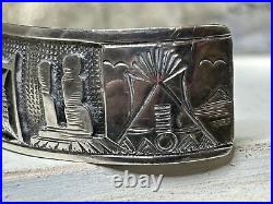 Native American Sterling Silver Story Cuff Bracelet Navajo Teepee Buffalo Horse