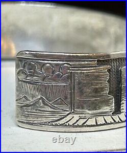 Native American Sterling Silver Story Cuff Bracelet Navajo Teepee Buffalo Horse