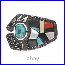 Native American Tufa Cast silver Ironwood, turquoise, coral belt buckle