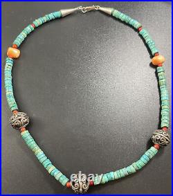 Native American Turquoise Coral Sterling Silver Beaded Necklace