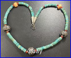 Native American Turquoise Coral Sterling Silver Beaded Necklace