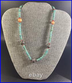 Native American Turquoise Coral Sterling Silver Beaded Necklace