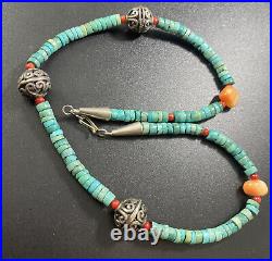 Native American Turquoise Coral Sterling Silver Beaded Necklace