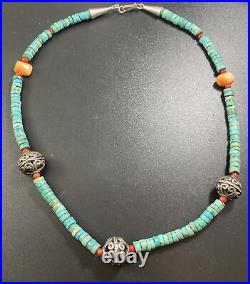 Native American Turquoise Coral Sterling Silver Beaded Necklace