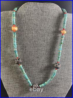 Native American Turquoise Coral Sterling Silver Beaded Necklace