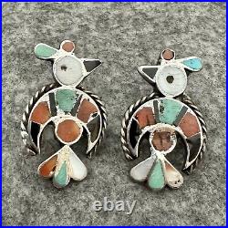 Native American ZUNI SILVER Turquoise Enamael INLAY THUNDERBIRD earrings