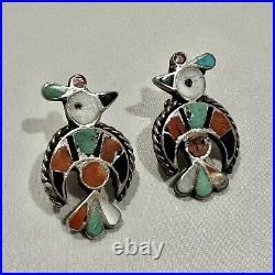 Native American ZUNI SILVER Turquoise Enamael INLAY THUNDERBIRD earrings