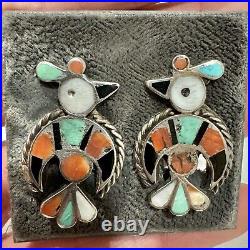 Native American ZUNI SILVER Turquoise Enamael INLAY THUNDERBIRD earrings