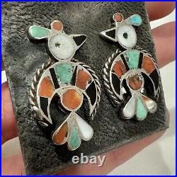 Native American ZUNI SILVER Turquoise Enamael INLAY THUNDERBIRD earrings