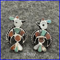 Native American ZUNI SILVER Turquoise Enamael INLAY THUNDERBIRD earrings