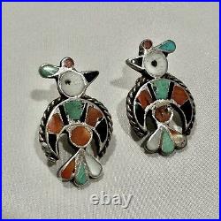 Native American ZUNI SILVER Turquoise Enamael INLAY THUNDERBIRD earrings