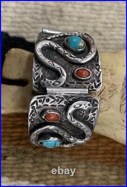 Native American ZUNI Turquoise Coral Sterling Silver Effie Style SNAKE Watchband