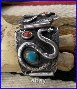 Native American ZUNI Turquoise Coral Sterling Silver Effie Style SNAKE Watchband