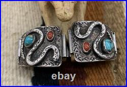 Native American ZUNI Turquoise Coral Sterling Silver Effie Style SNAKE Watchband