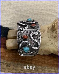 Native American ZUNI Turquoise Coral Sterling Silver Effie Style SNAKE Watchband