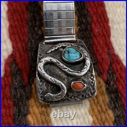 Native American ZUNI Turquoise Coral Sterling Silver Effie Style SNAKE Watchband