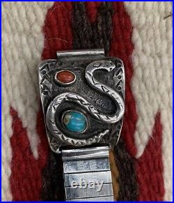 Native American ZUNI Turquoise Coral Sterling Silver Effie Style SNAKE Watchband