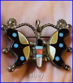 Native American ZUNI Vintage Silver Multi Stone Inlaid Butterfly Pin/Pendant