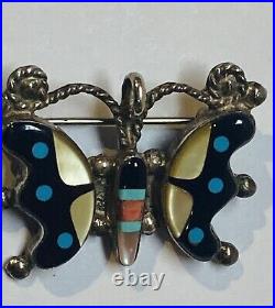 Native American ZUNI Vintage Silver Multi Stone Inlaid Butterfly Pin/Pendant