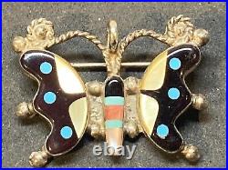 Native American ZUNI Vintage Silver Multi Stone Inlaid Butterfly Pin/Pendant