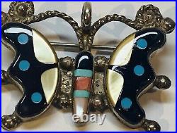 Native American ZUNI Vintage Silver Multi Stone Inlaid Butterfly Pin/Pendant