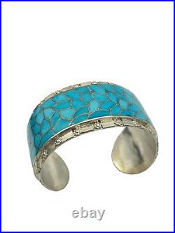 Native American Zuni Bracelet Turquoise Inlay Sterling Silver Cuff Bracelet- 65G