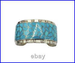 Native American Zuni Bracelet Turquoise Inlay Sterling Silver Cuff Bracelet- 65G