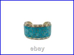 Native American Zuni Bracelet Turquoise Inlay Sterling Silver Cuff Bracelet- 65G