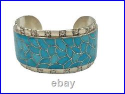 Native American Zuni Bracelet Turquoise Inlay Sterling Silver Cuff Bracelet- 65G