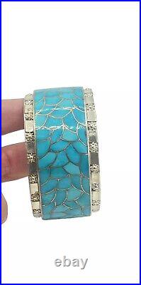 Native American Zuni Bracelet Turquoise Inlay Sterling Silver Cuff Bracelet- 65G