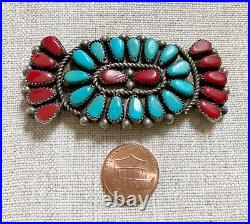 Native American Zuni Vintage pin/brooch red coral/ turquoise on nickel silver