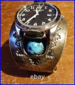 Navajo Bracelet Silver & Turquoise Native American Shadowbox Watch Cuff 3oz