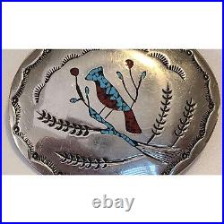 Navajo Native American Sterling Silver Turquoise & Coral Belt Buckle Signed N. M