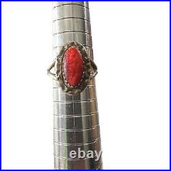 Navajo Native American Ted Secatero Sterling Silver & Coral Cab Ring Size 6.75