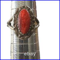 Navajo Native American Ted Secatero Sterling Silver & Coral Cab Ring Size 6.75