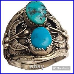 Navajo Sleeping Beauty Turquoise Sterling Silver Floral Leaf Design Ring Sz14