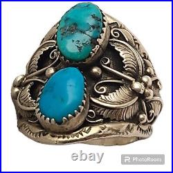 Navajo Sleeping Beauty Turquoise Sterling Silver Floral Leaf Design Ring Sz14