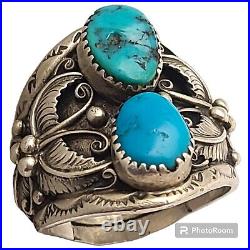 Navajo Sleeping Beauty Turquoise Sterling Silver Floral Leaf Design Ring Sz14