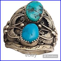 Navajo Sleeping Beauty Turquoise Sterling Silver Floral Leaf Design Ring Sz14