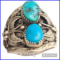 Navajo Sleeping Beauty Turquoise Sterling Silver Floral Leaf Design Ring Sz14