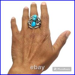 Navajo Sleeping Beauty Turquoise Sterling Silver Floral Leaf Design Ring Sz14