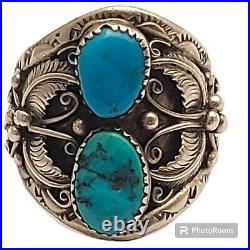 Navajo Sleeping Beauty Turquoise Sterling Silver Floral Leaf Design Ring Sz14