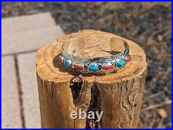 Navajo Turquoise Coral Bracelet Native American Sterling Silver Jewelry Signed