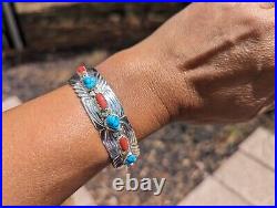 Navajo Turquoise Coral Bracelet Native American Sterling Silver Jewelry Signed