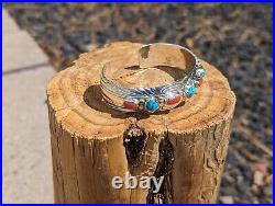 Navajo Turquoise Coral Bracelet Native American Sterling Silver Jewelry Signed