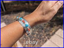 Navajo Turquoise Coral Bracelet Native American Sterling Silver Jewelry Signed